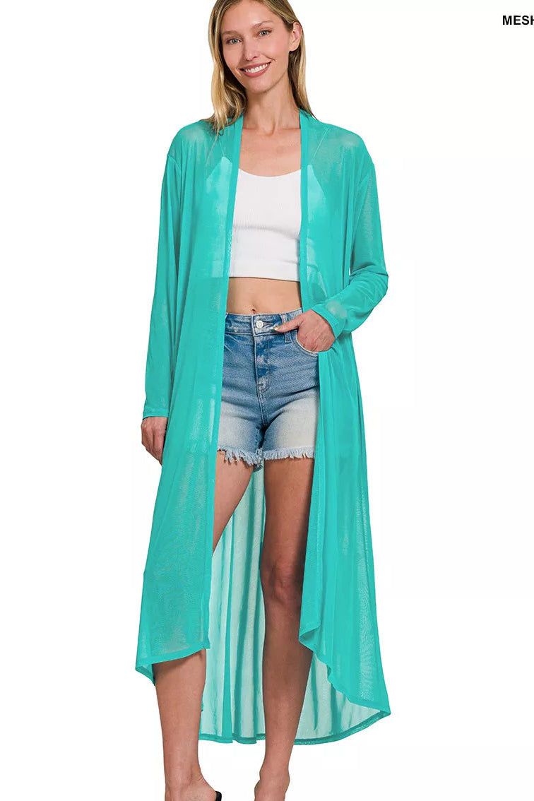 Zenana turquoise mesh open-front cardigan, long drape with 3/4 sleeves