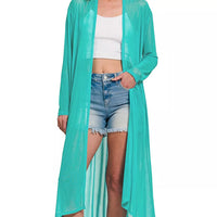 Zenana turquoise mesh open-front cardigan, long drape with 3/4 sleeves
