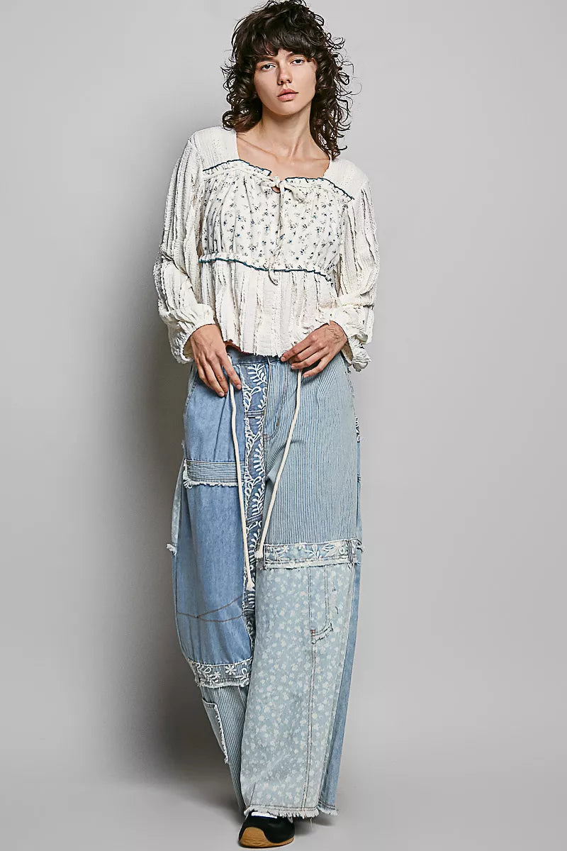 Cream lace square-neck top with long balloon sleeves, gathered waist and tiny floral print
