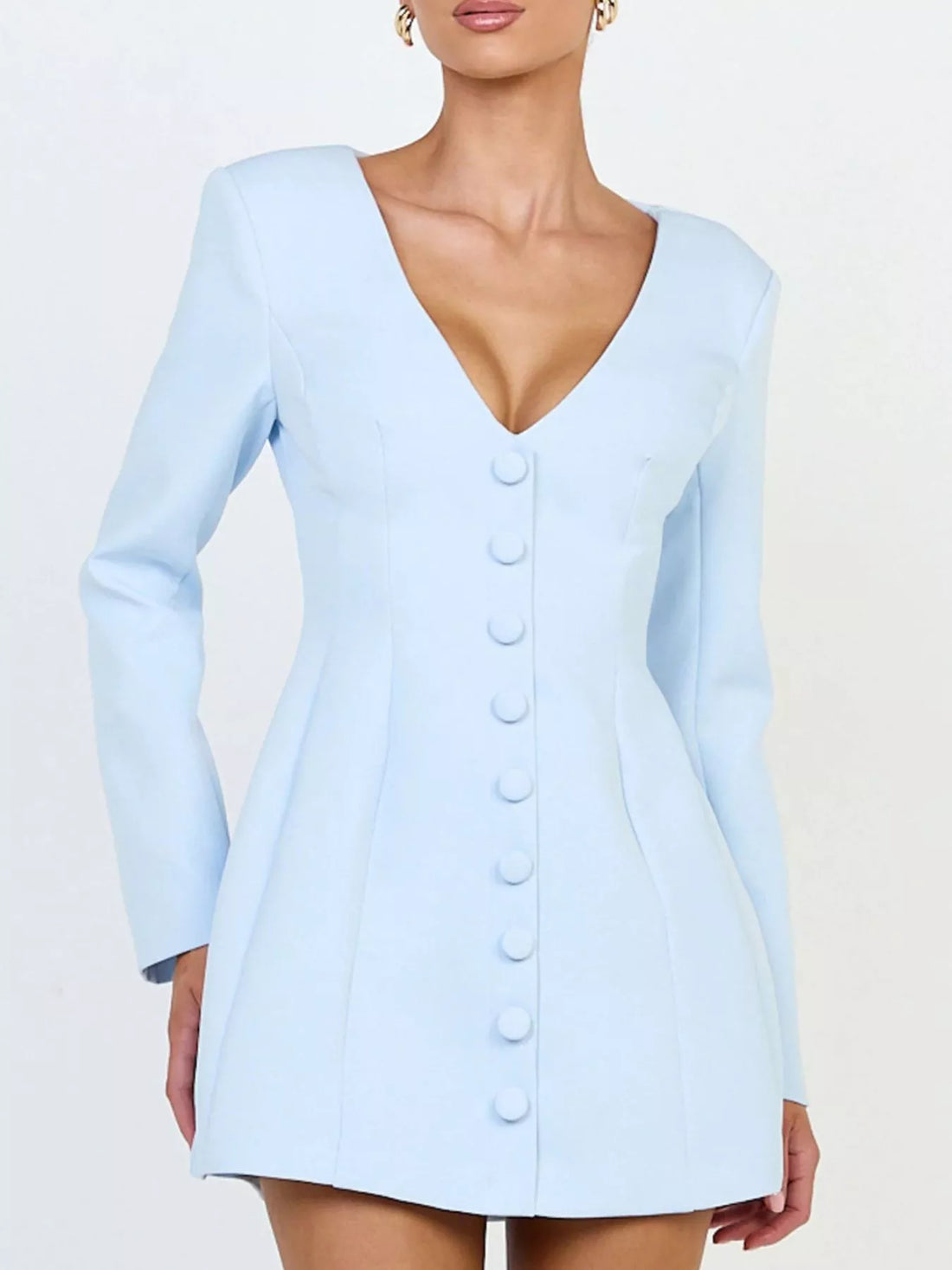 Light blue blazer dress with deep V-neck, long sleeves, and button-front