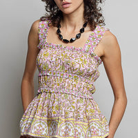 Pink multi printed smocked square-neck peplum tank with ruffle hem, sleeveless