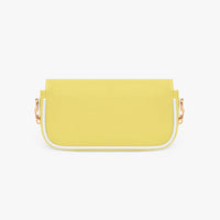 Yellow leather mini bag with curved front flap and gold hardware.