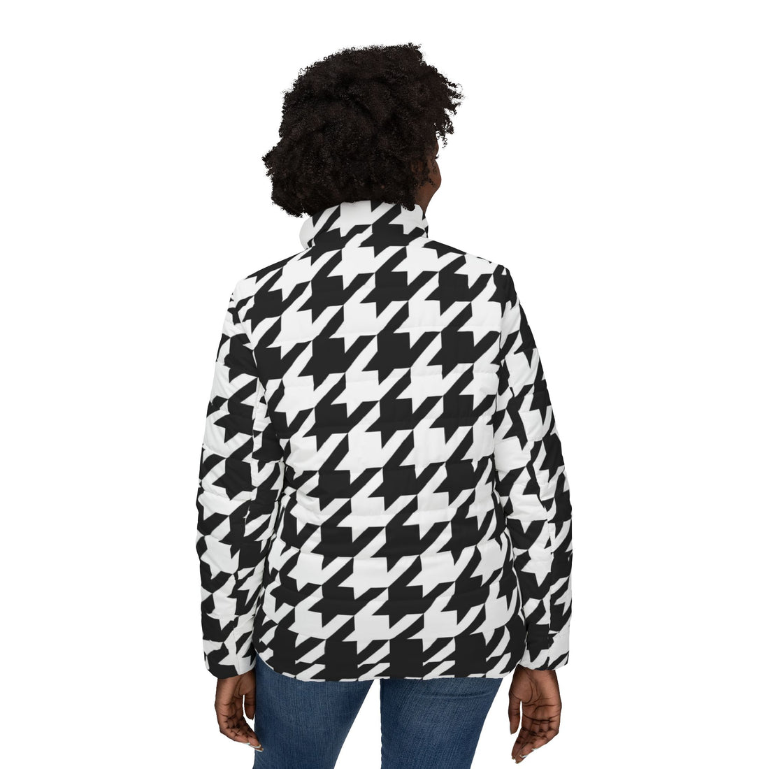 Ladies Black Puffer Coat | Classic Black and White Houndstooth Jacket