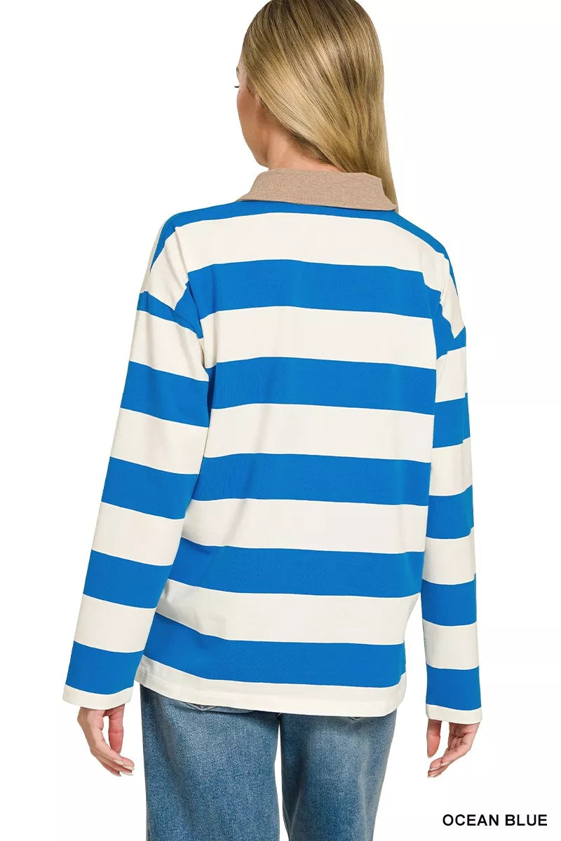 Back view of ocean blue-and-white striped long-sleeve polo with contrast collar