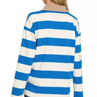 Back view of ocean blue-and-white striped long-sleeve polo with contrast collar