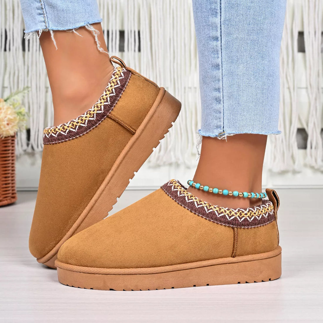 Camel platform ankle boots with patterned trim and beaded ankle bracelet