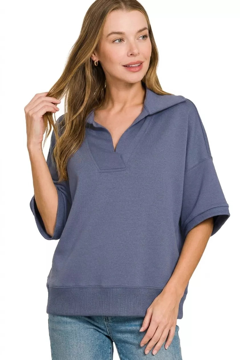 Blue indigo scuba collared short-sleeve pullover, V placket and dropped shoulder seams