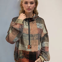 Multicolored plaid half-zip fleece hoodie with hood and kangaroo pocket, zip front