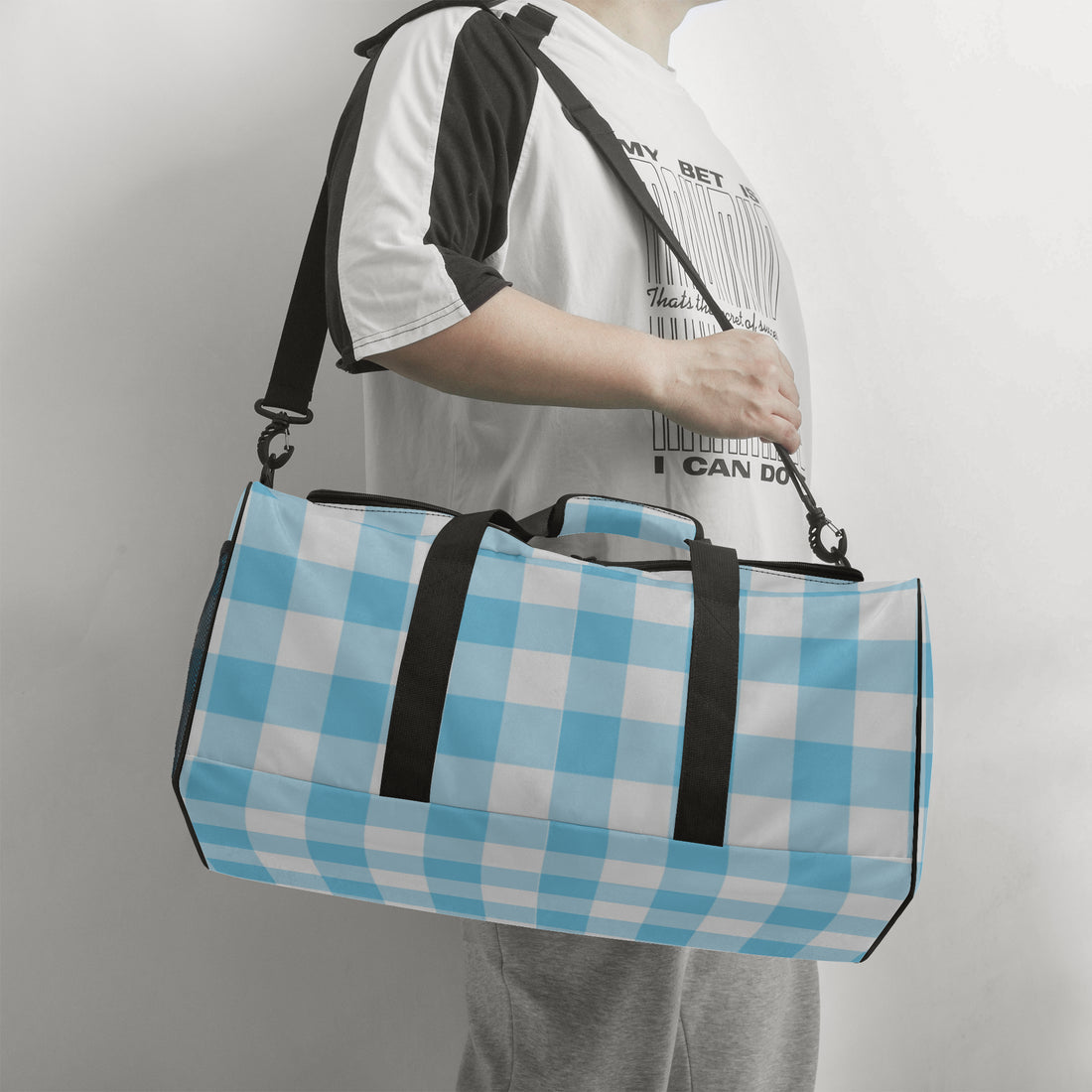 Blue Gingham Duffle Bag Light Blue Canvas