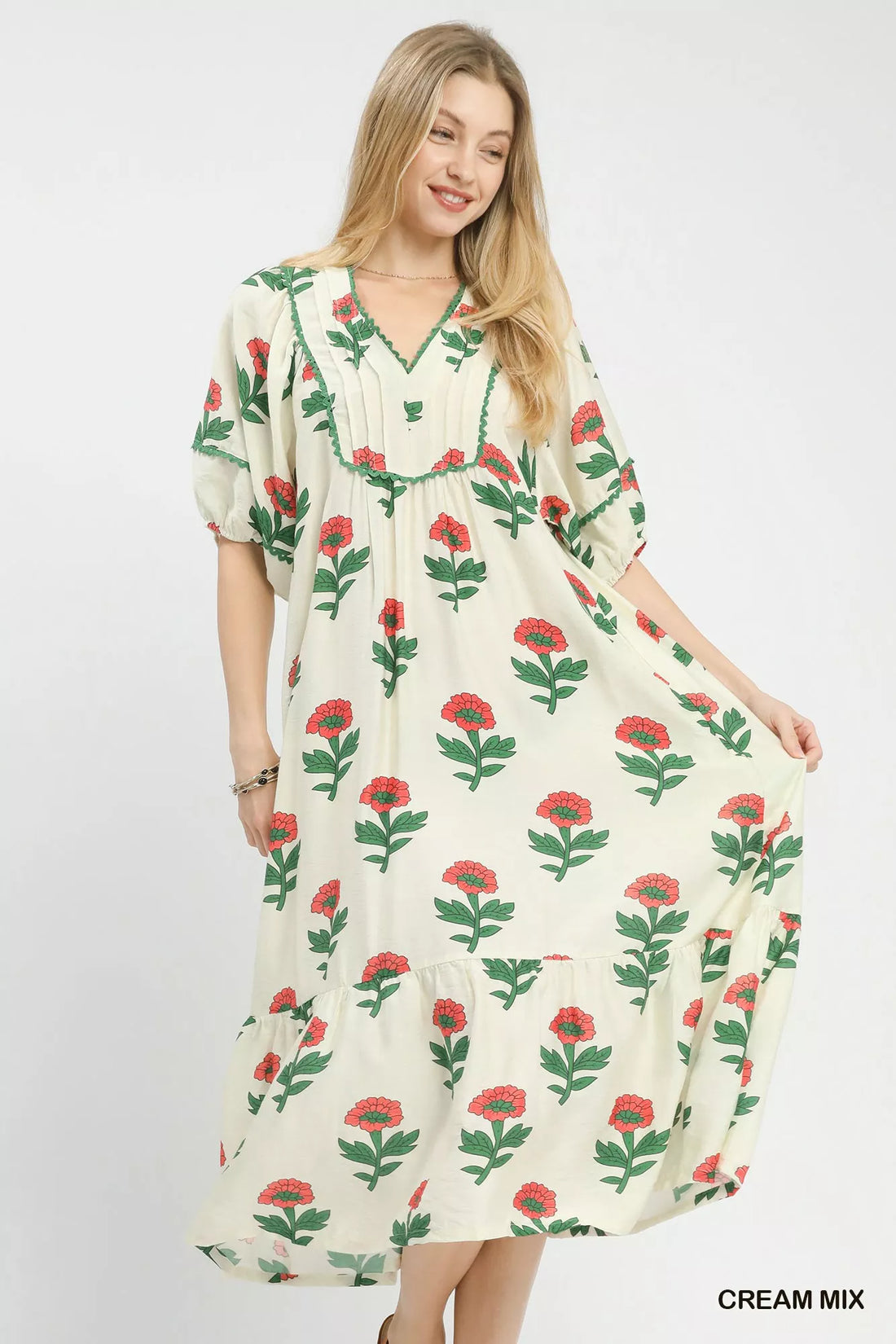 Cream floral midi dress with V-neck, ruffled trim and short flutter sleeves