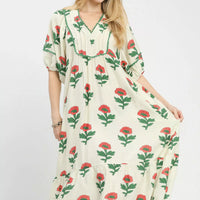 Cream floral midi dress with V-neck, ruffled trim and short flutter sleeves