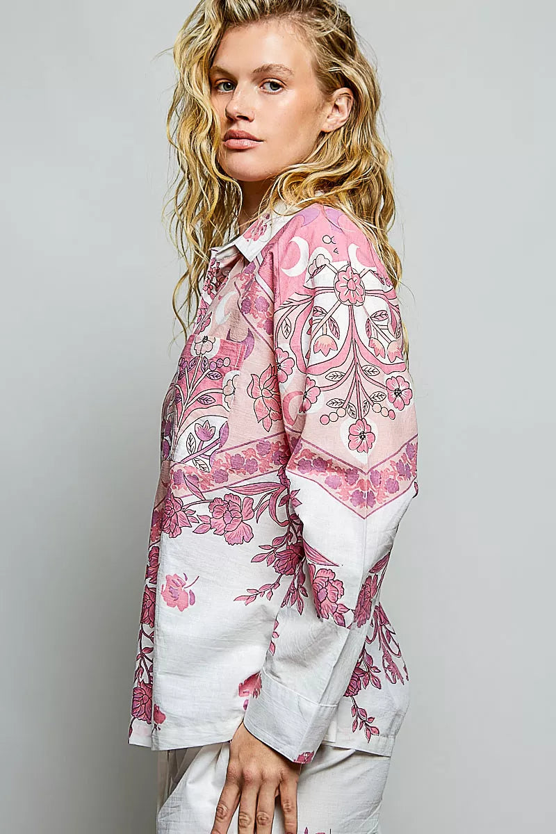 Floral button-down shirt with pink floral print on ivory, long sleeves and button placket