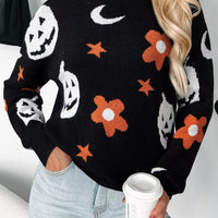 Black long-sleeve crewneck sweater with Halloween pumpkin, bats, stars, and moons pattern