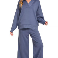 Blue indigo collared pullover with wide-leg center-seam pants set