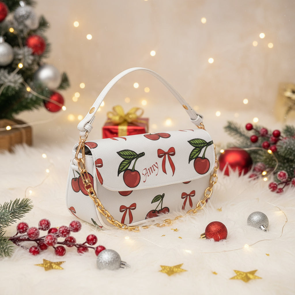 Custom Red Cherry Underarm Bag | Y2K Shoulder Purse with Chain Strap