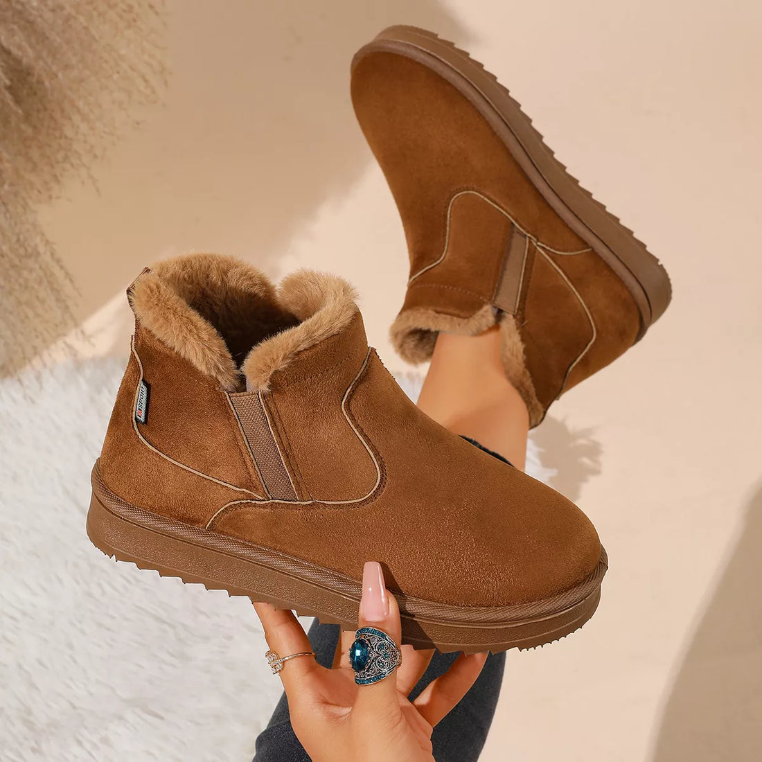 Camel plush-lined ankle boots with side elastic gore and cushioned fur cuff