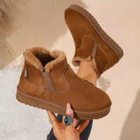 Camel plush-lined ankle boots with side elastic gore and cushioned fur cuff