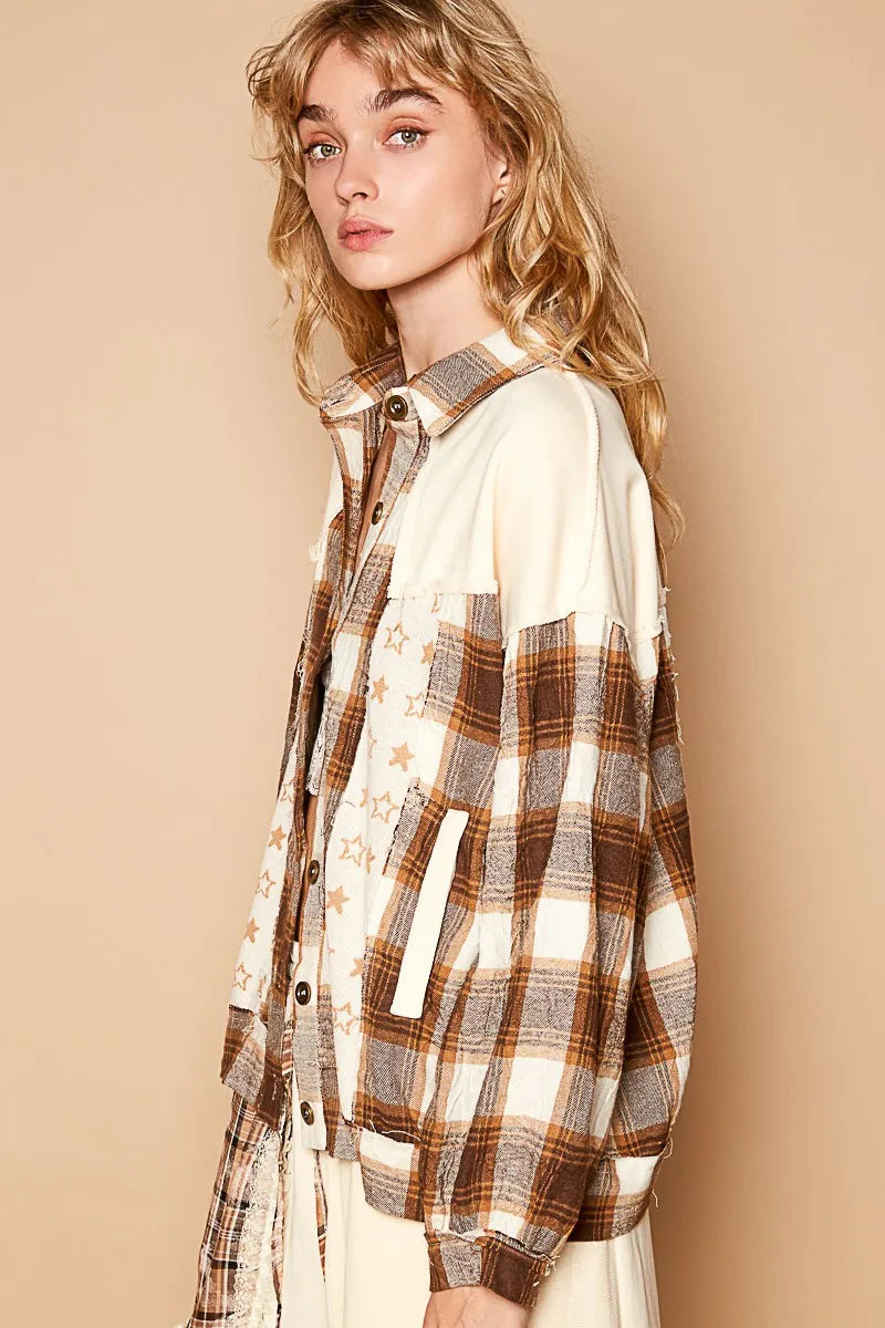 Beige plaid star patchwork long-sleeve shacket with pointed collar