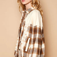 Beige plaid star patchwork long-sleeve shacket with pointed collar