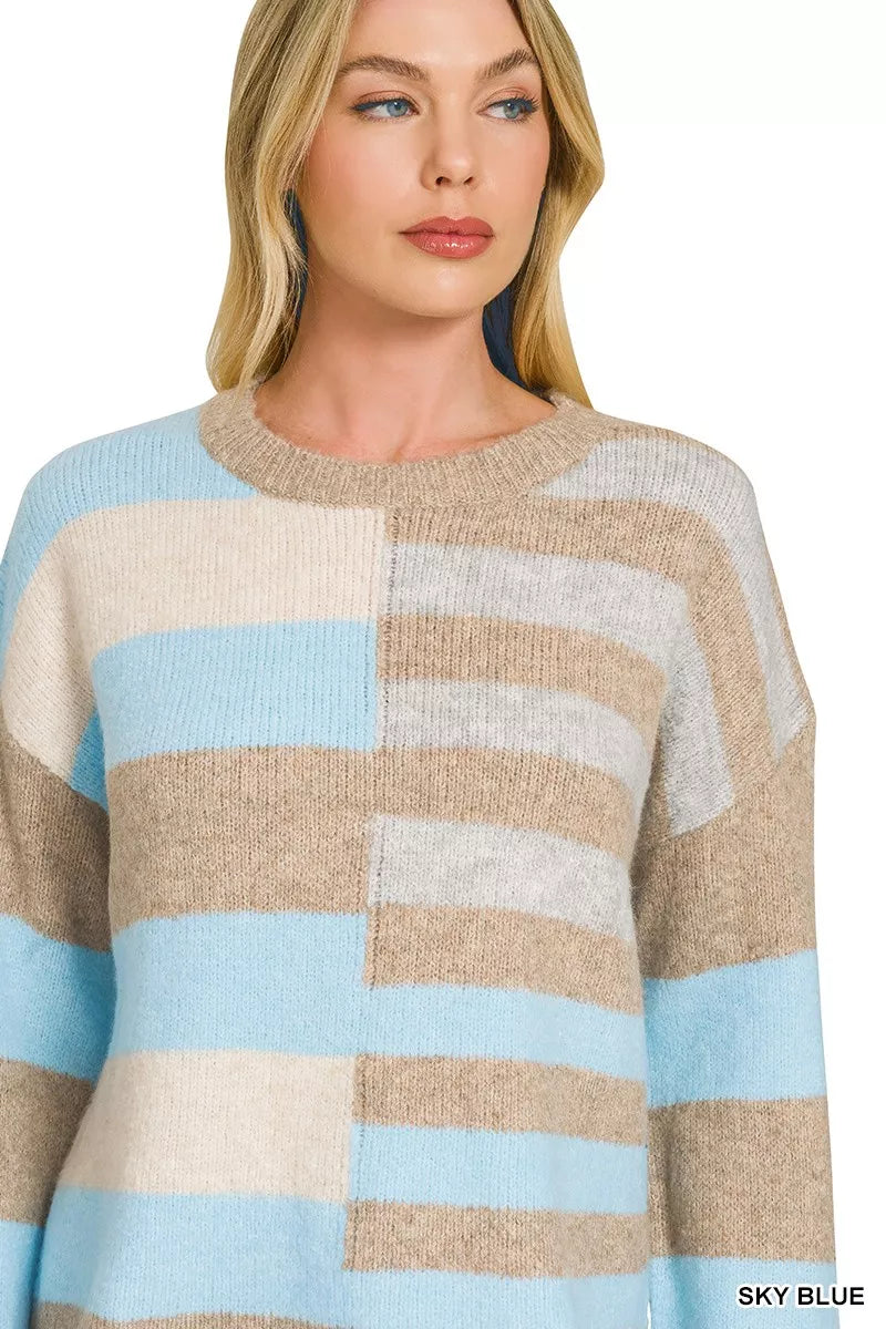 Lightweight color block sweater, sky blue and beige with white stripe blocks