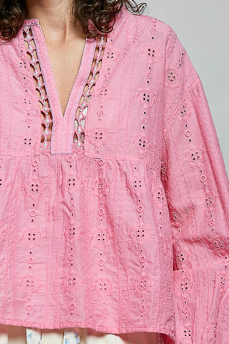 Pink eyelet lace cotton blouse with split V neck, gathered empire waist, long puff sleeves