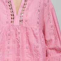 Pink eyelet lace cotton blouse with split V neck, gathered empire waist, long puff sleeves