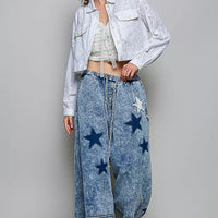 Off white eyelet cotton cropped button-front jacket with long sleeves, front view