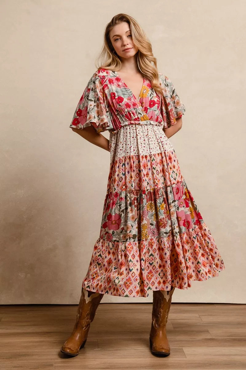 Floral print tiered midi dress with flutter sleeves and ruffled bodice, rose mix