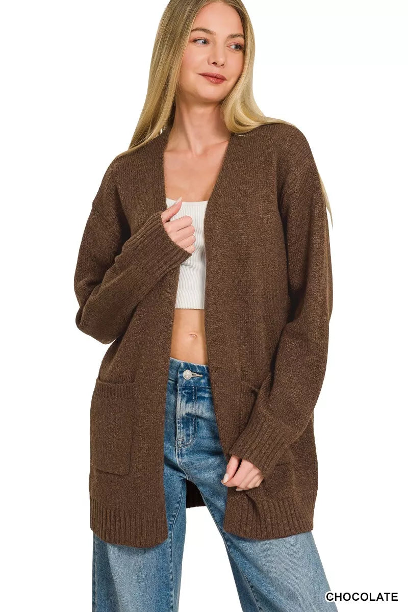 Open-front knit cardigan in chocolate brown with long sleeves and front pockets