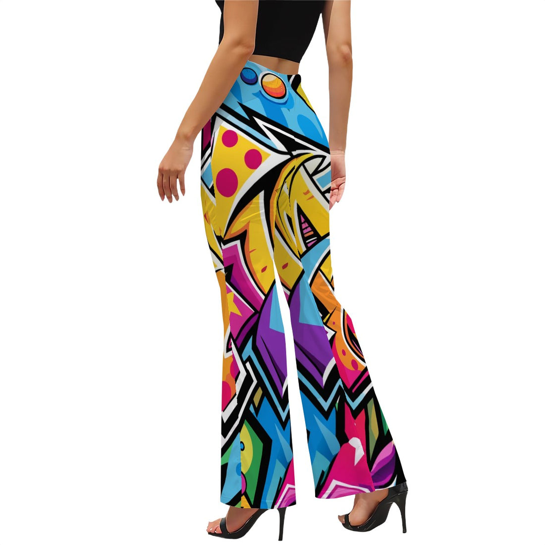 Graffiti Print High Waist Flared Pants Artistic Urban Style Trousers