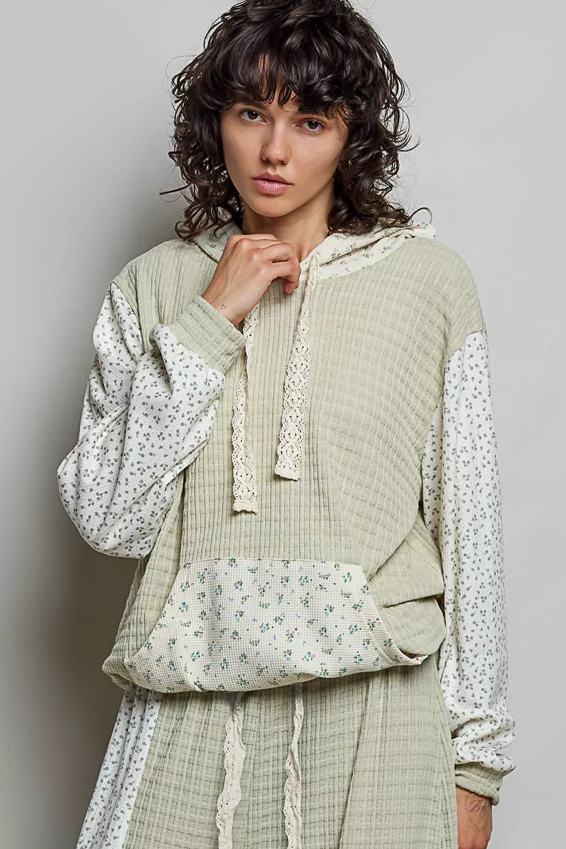 Sage mixed-knit contrast sleeve print hoodie with lace trim hood and front kangaroo pocket