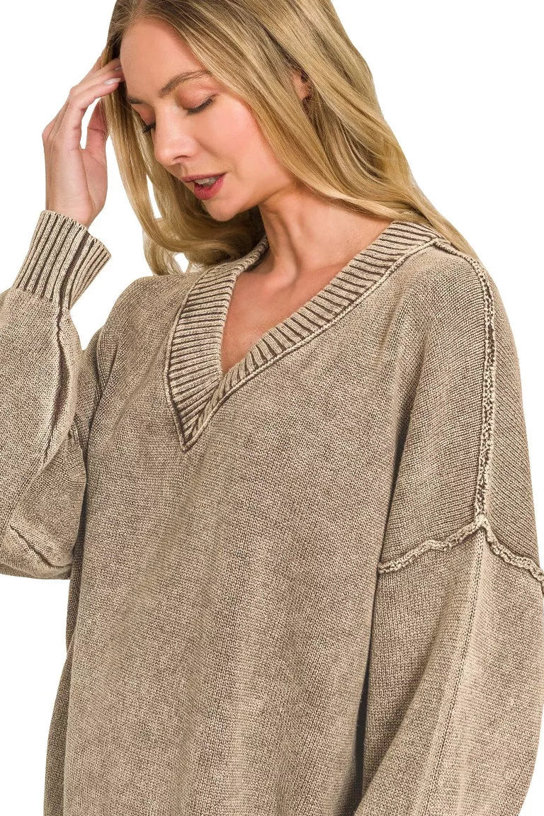 Brown washed deep V-neck sweater with dropped shoulders and ribbed knit trim