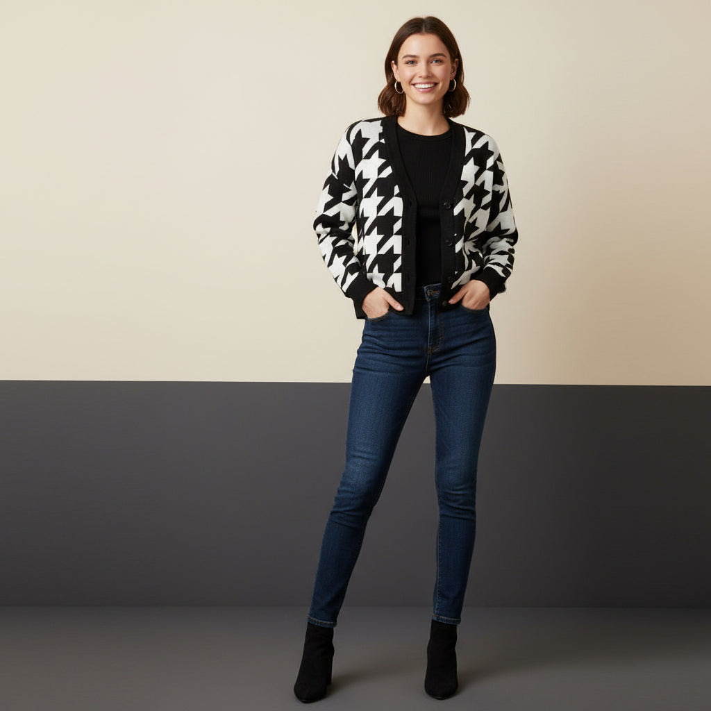 Houndstooth Cardigan | Unisex Aesthetic Preppy Jacquard Knit