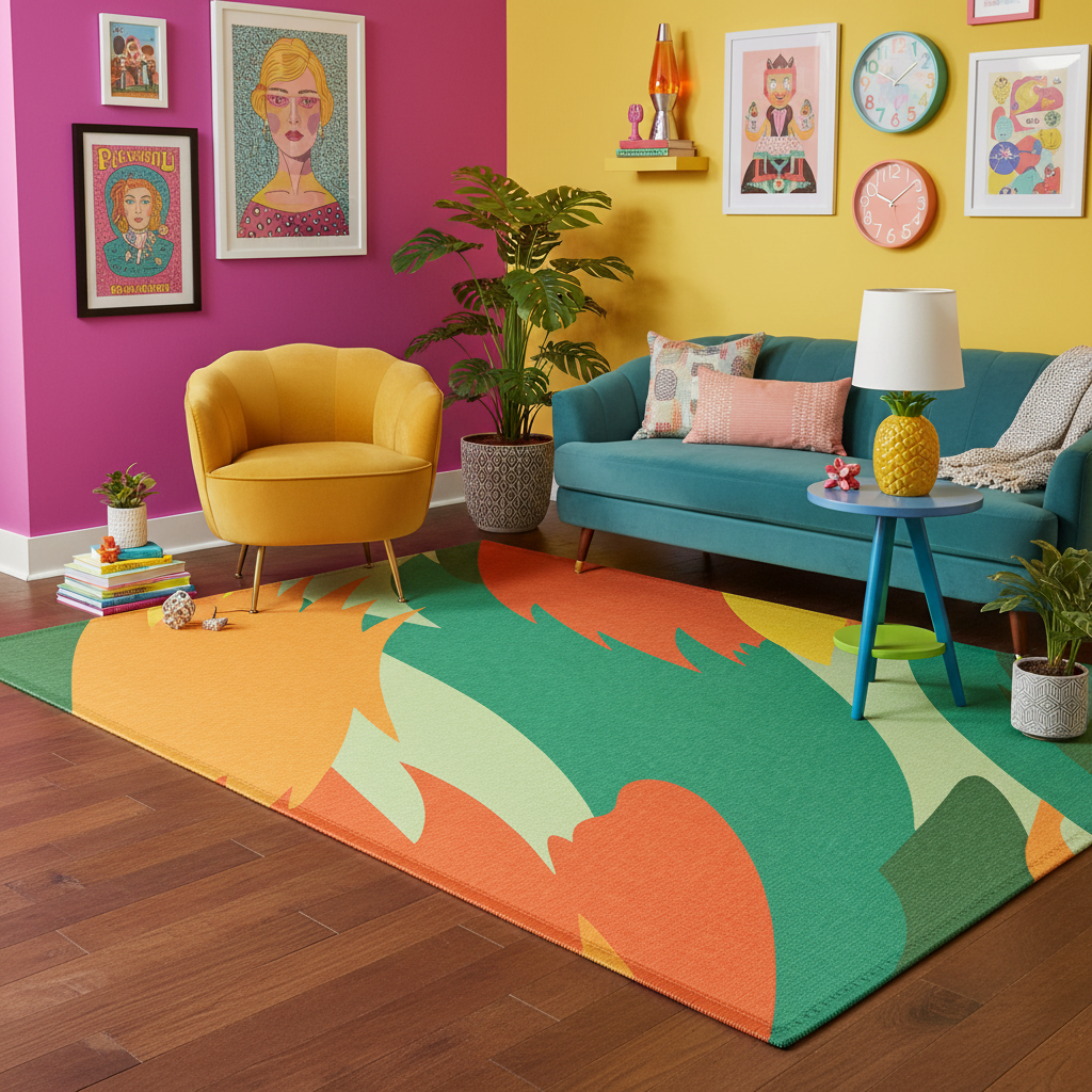 Abstract geometric area rug featuring orange and green sweeping leaf shapes