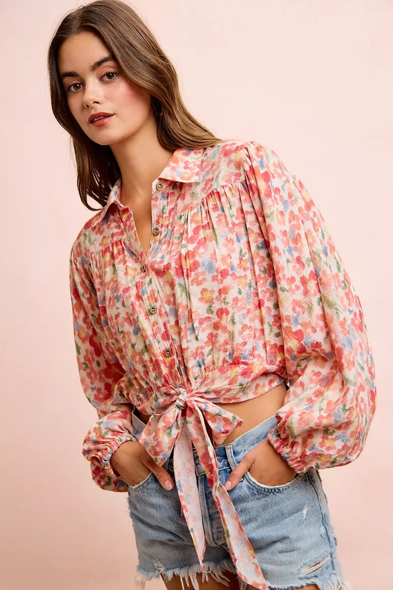 Floral print crop shirt with button front, standing collar, and tied hem