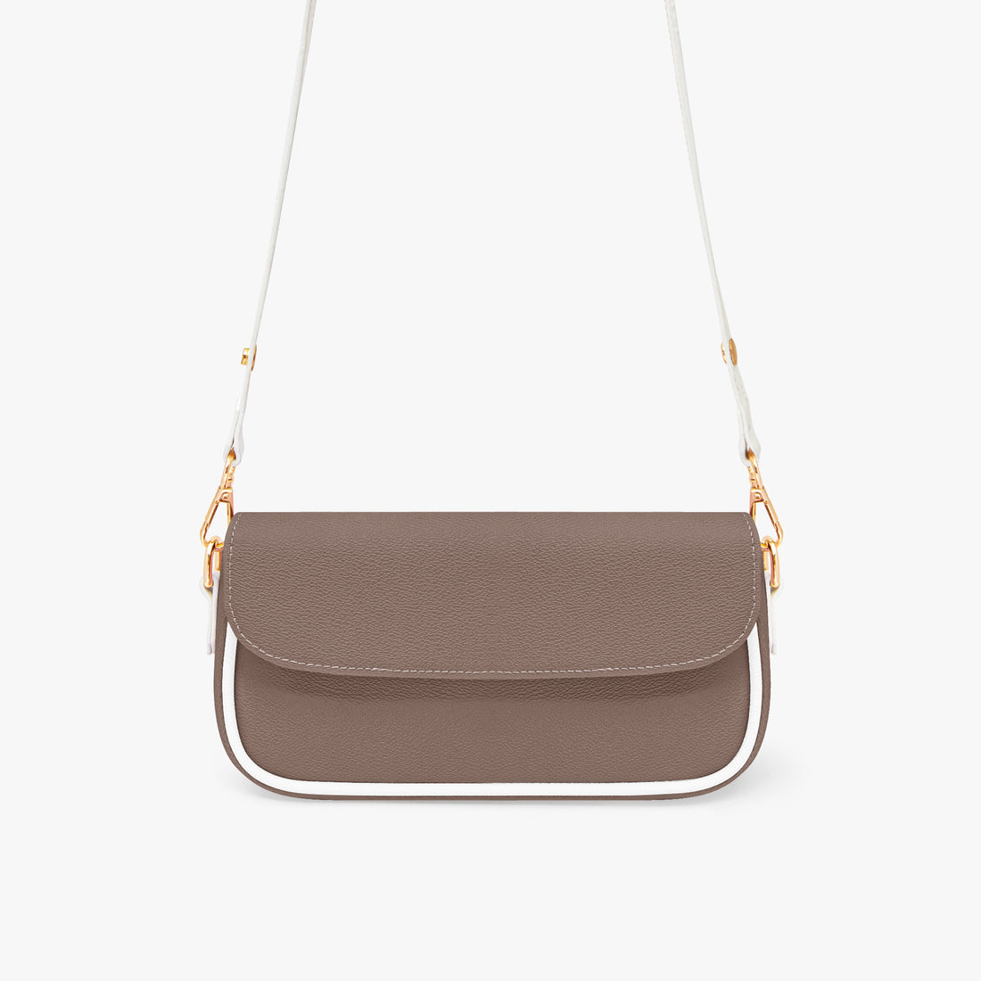 Small brown leather shoulder bag with curved flap and white strap with gold links