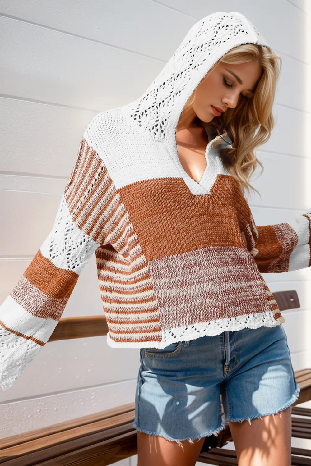 Camel and white striped hooded knit sweater with openwork hood and long sleeves