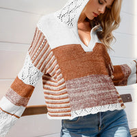 Camel and white striped hooded knit sweater with openwork hood and long sleeves