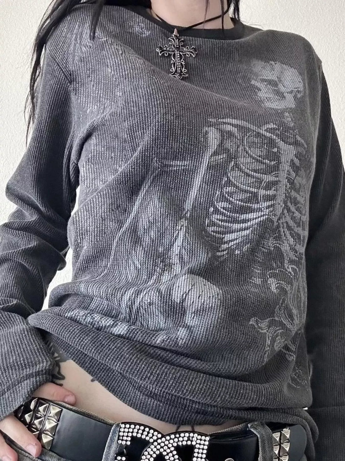 Charcoal long sleeve t-shirt with ornate skull design on front
