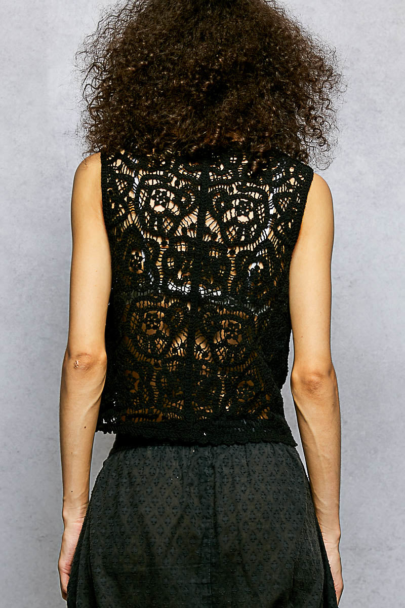 Black crochet vest back panel with openwork lace texture