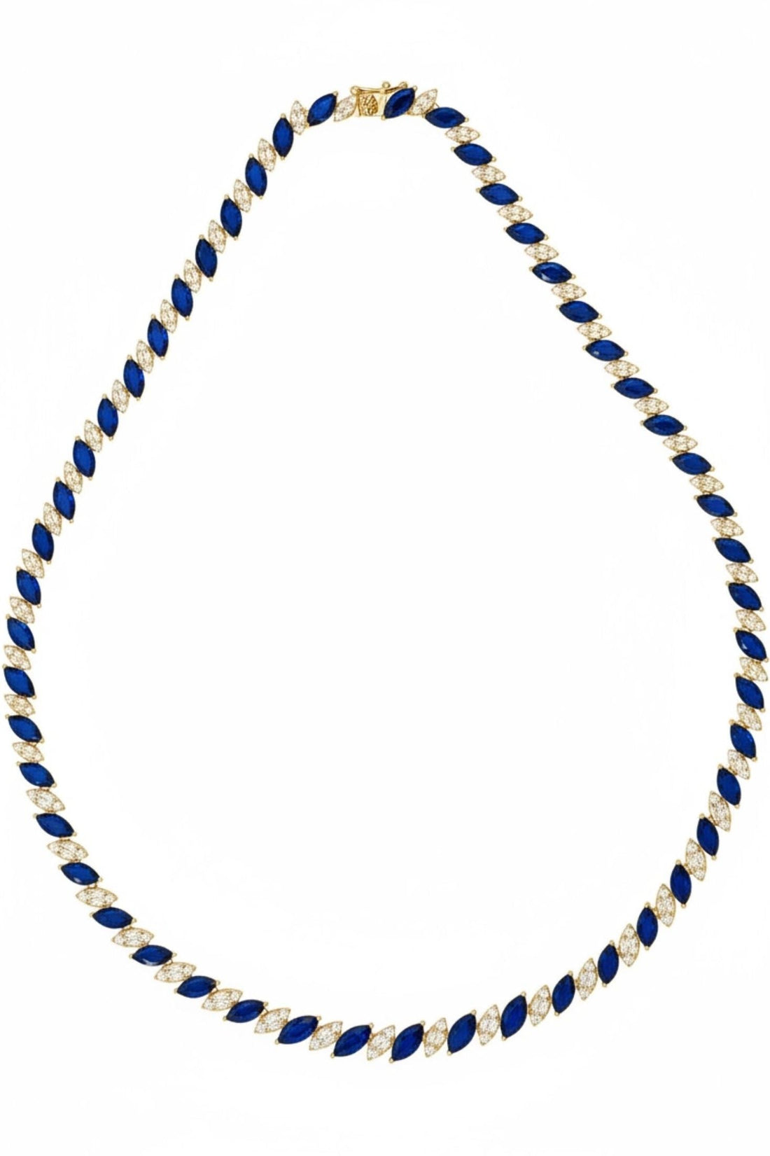 Gold tennis necklace with navy oval stones, full necklace view