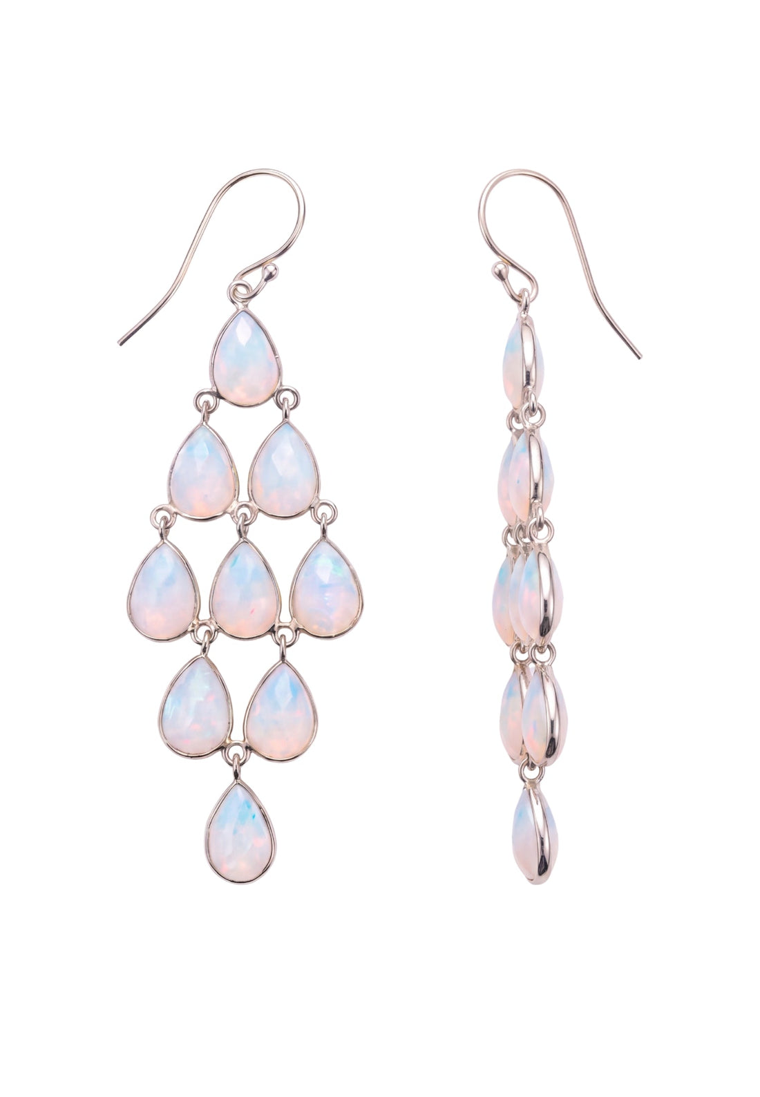 Silver opal teardrop drop earrings, multi-stone chandelier style on curved hooks.
