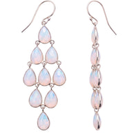Silver opal teardrop drop earrings, multi-stone chandelier style on curved hooks.
