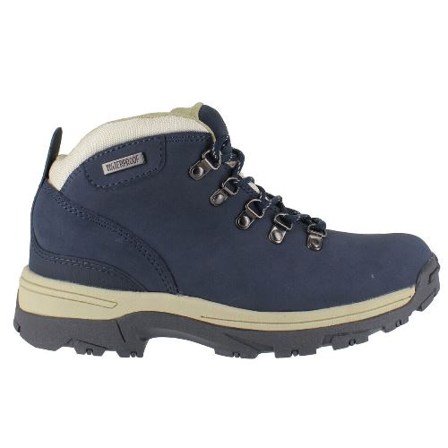 Navy waterproof walking boot with cream collar and contrast midsole