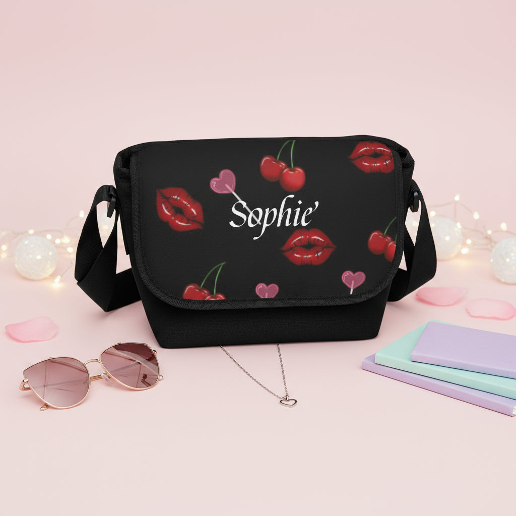 Black Canvas Messenger Bag | Personalized Dark Red Cherry Satchel