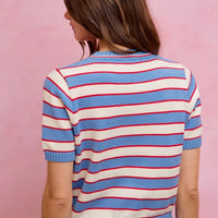 Back view of blue, red, and white striped knit crew neck short-sleeve sweater top