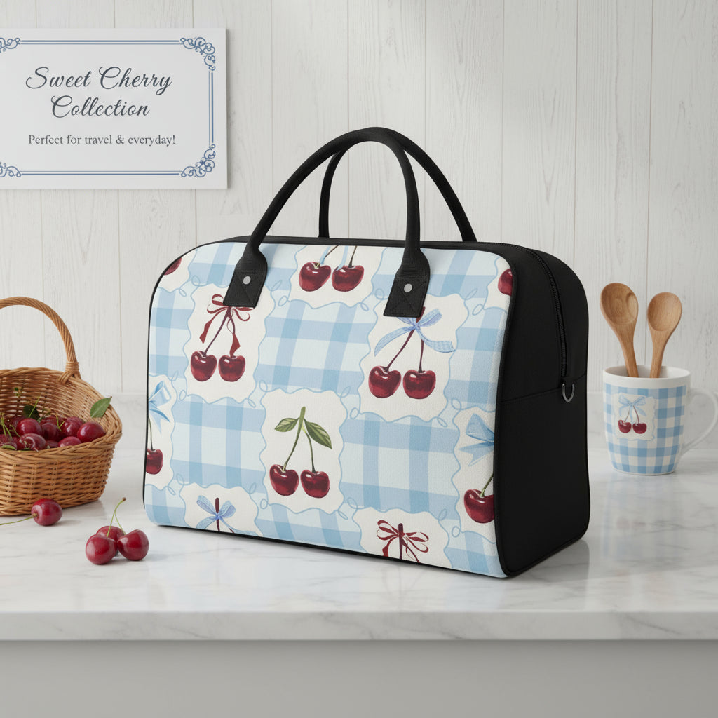 24 Hour Travel Bag | Personalized Blue Gingham & Cherry Weekender