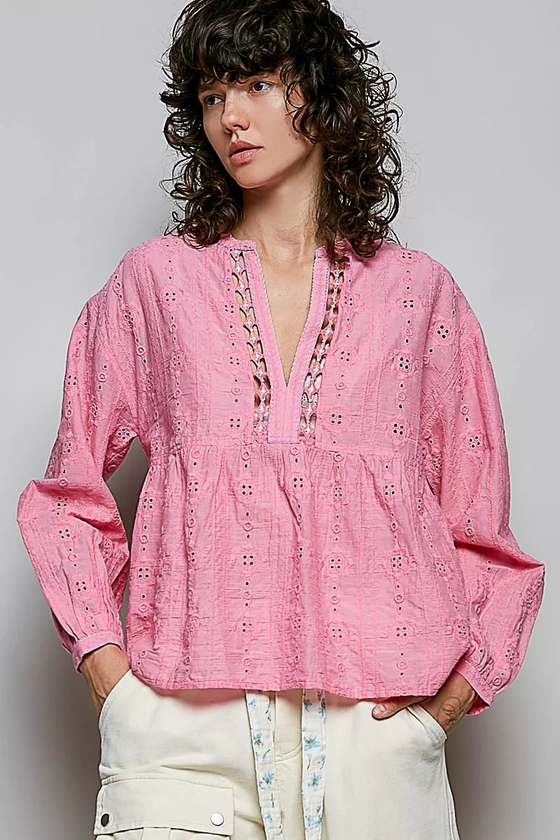 Pink eyelet lace cotton blouse, split V neckline with embroidered trim, gathered bust
