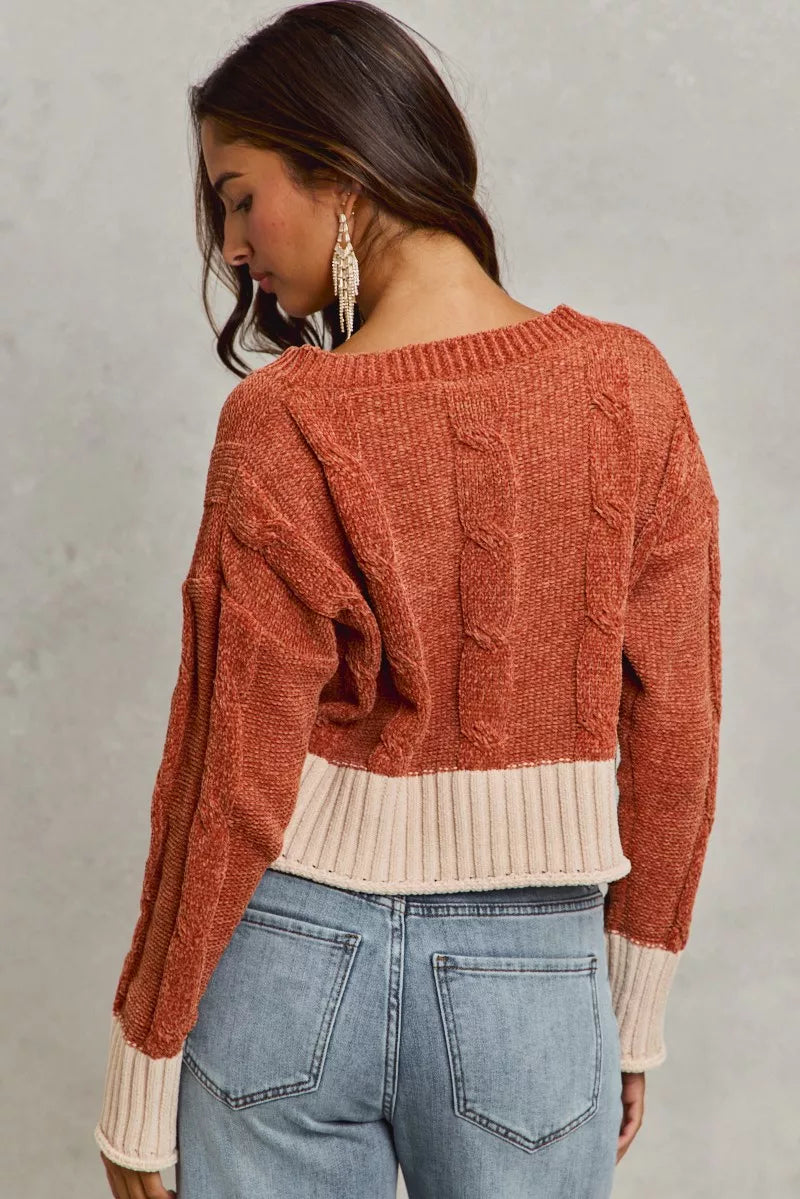 Rust chenille V-neck cropped sweater shown from back, cream contrast hem