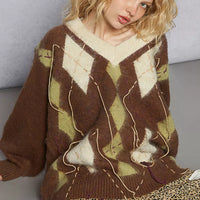 Mocha V-neck argyle mohair sweater with long sleeves, white/green diamonds, and contrast stitching
